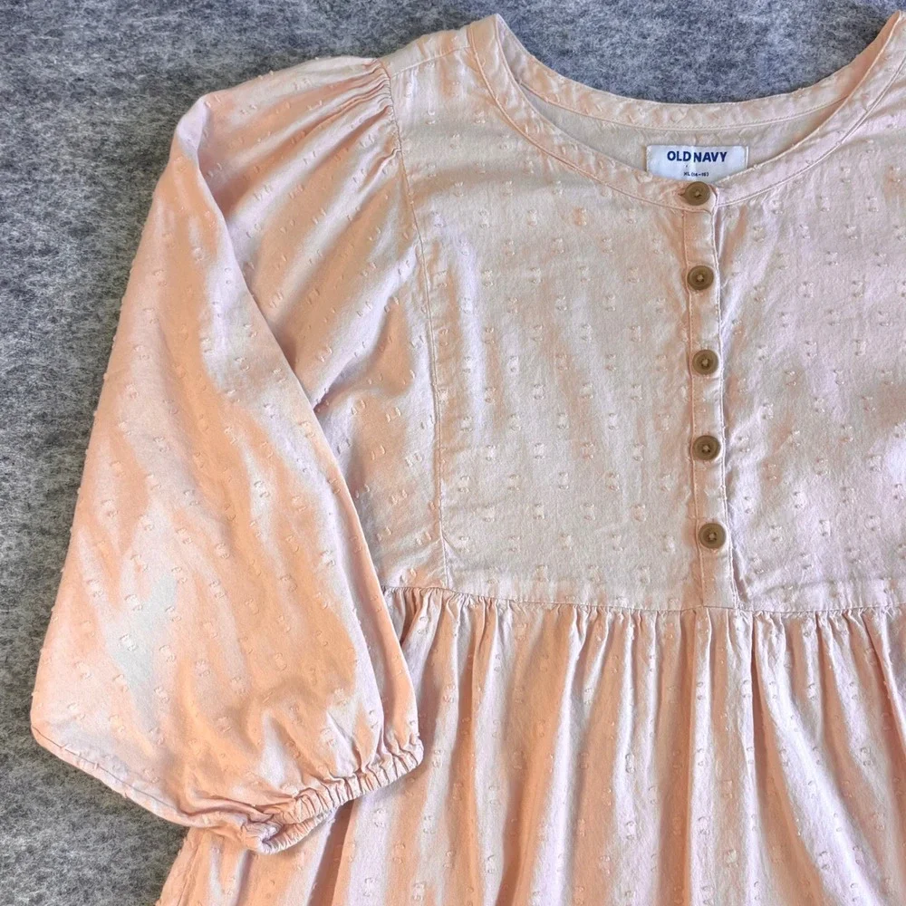 Old Navy Dress Girls XL Pale Pink Peach Swiss Dot Tiered Babydoll Boho Peasant